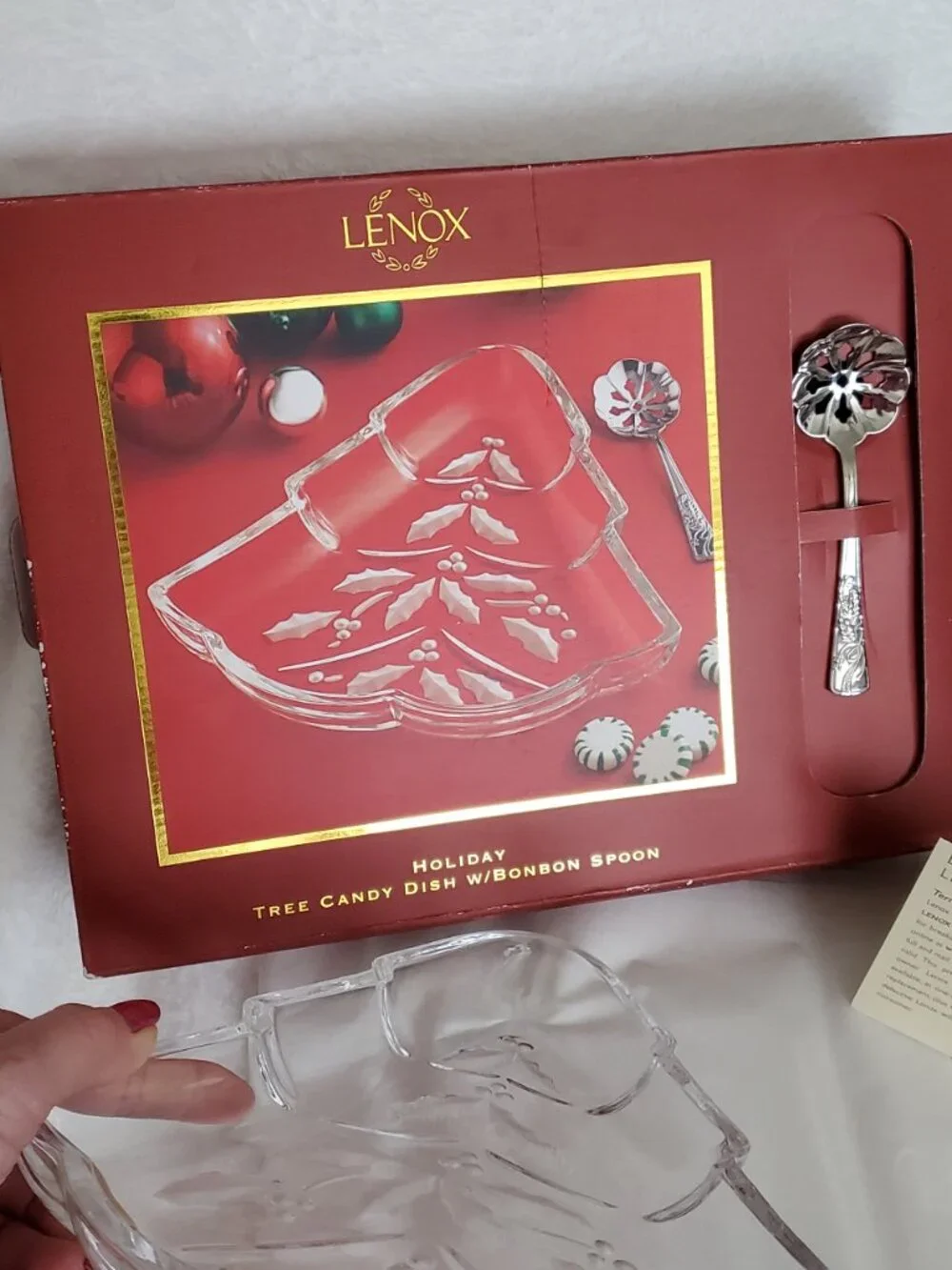 Lenox Crystal Holiday Tree Dish and Bonbon Spoon Set  Vintage in Box!